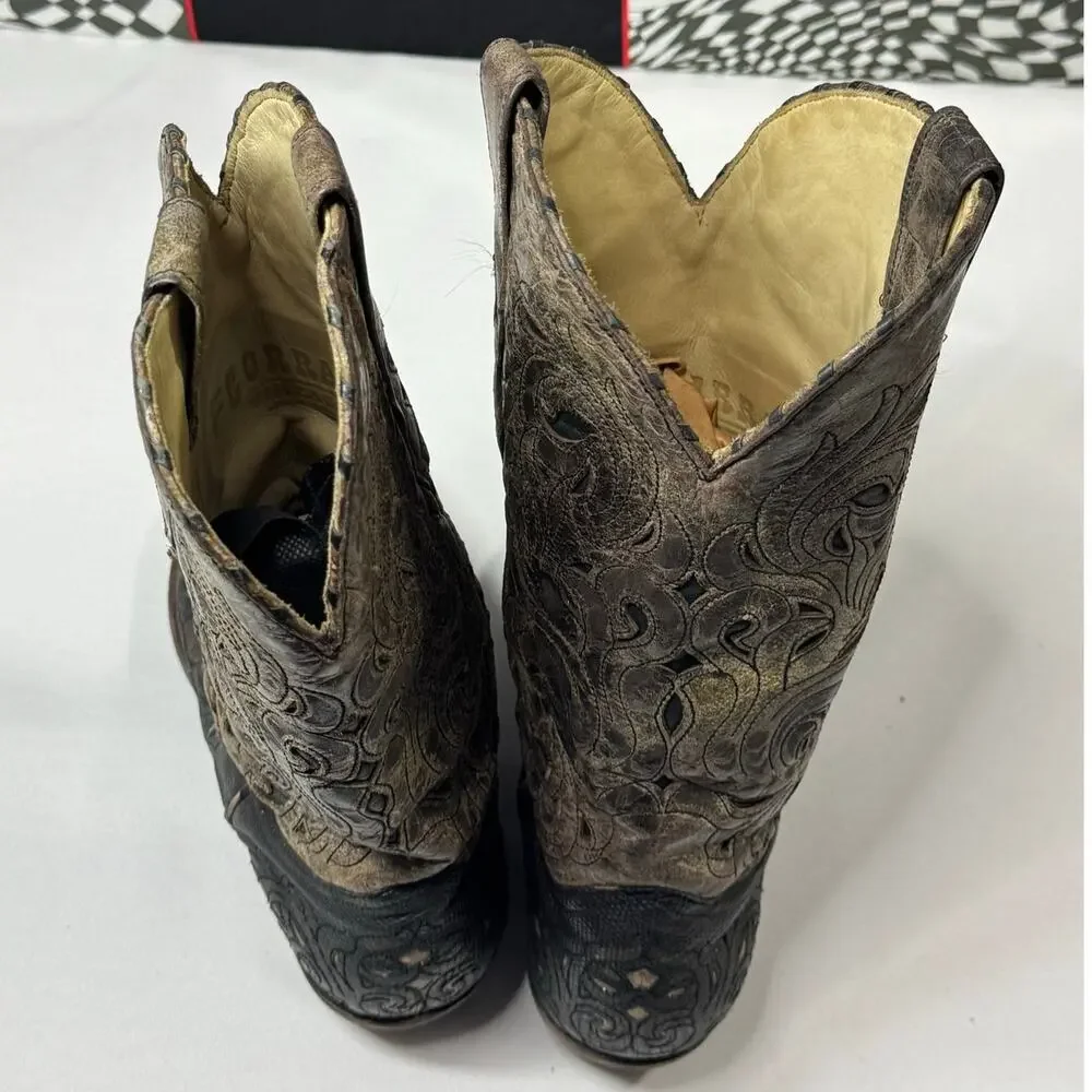 Vintage CORRAL Mens 10.5 Black Brown Leather Cowboy Boots Classic Western